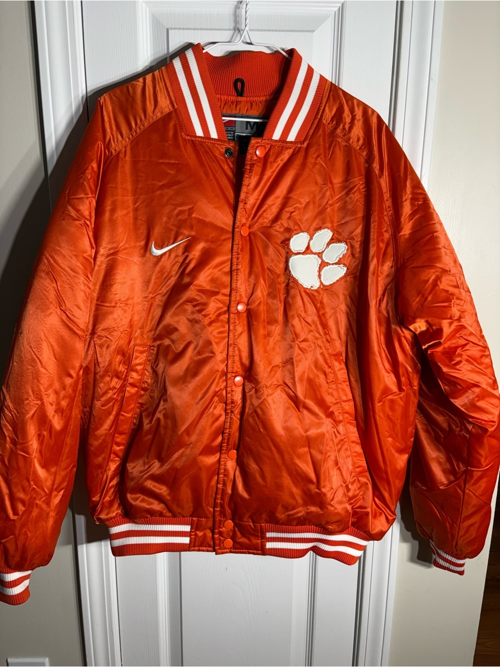 Nike Orange Satin Bomber Jacket with White Paw Patch Clemson